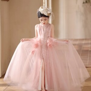 Girls Sleeveless Short Front And Long Back Waist Three-Dimensional Large Flower Tulle Dress For Teenagers Evening Dress/Custom