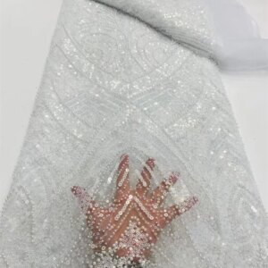 2024 Latest Hot Sale Fashion Africa Lace Fabric High Quality Handmade Embroidery Lace With Beads Sequins Party For Wedding Dress