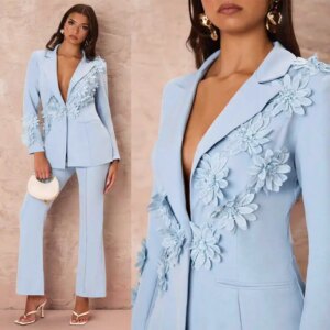 Elegant Floral Appliques Women Suits Wide Leg Pants Plus Size Blazer Fashion Full Sleeve Suit Customized Prom Party Outfits