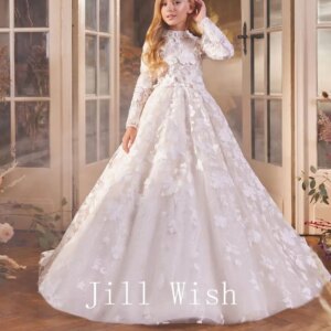 Jill Wish Luxury White Girl Dress 3D Flowers Princess Dubai Kids Wedding Birthday Communion Party Elegant Evening Gown 2025 J293