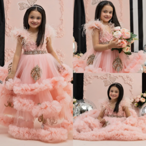 Pink Feather Girls Birthday Party Dresses Layered Ruffles Flower Girl Dresses Kids Children Ball Gown Princess Dress Customized