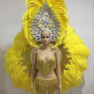 Samba  stage performance costumes, ostrich hair back plate, dance team headdress, opening feather atmosphere can be selected