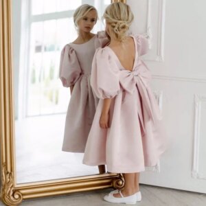 Birthday Pageant Banquet Princess Gown princess dress Flower Girl Dress Light Pink Satin With Bow Short Sleeve For Wedding