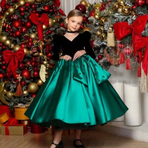 Jill Wish Luxury Arabic Green Girl Dress Crystal V-Neck Dubai Kids Princess Holiday Birthday Wedding Party Ball Gown 2025 J367