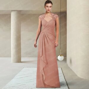Customized Mom Dresses For Woman Cap Sleeve With Lace Pleat A Line Floor Length V Neck Wedding Mother Of The Bride Gown Formal