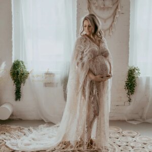 Pregnant Woman’s Tassel Lace Gown Loog Sleeved Stretchy Baby Shower Long Dresses Suitable For Female Photography Evening Clothes