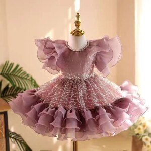 Jill Wish Elegant Purple Puffy Sleeve Flower Girl Dress Knee Length Lace Princess Baby Wedding Birthday Party Holiday Gown J449