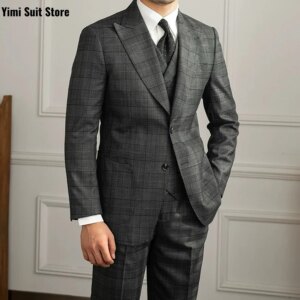 New Plaid Men’s Plaid Suit 2Pcs Set Handsome Groom High Quality Wedding Business Suit for Men Sets Tuxedo Jacket+Vest+Pants