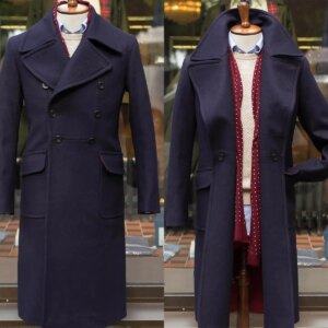 Navy Blue Men Woolen Long Coat Warm Custom Made Double Breasted Groom Wear Birthday Party Fashion Show Smoking Jacket