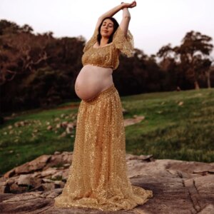 Golden Pearl Embroidered Hard Yarn Two Piece Set Photo Shoot Photography Dress For Women Maternity Photography Dresses