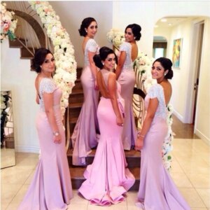 Pink Sexy Mermaid Wedding Party Dress Short Sleeved Beaded Gorgeous Vestido De Festa Long Backless Bridesmaid Robe Evening Gown