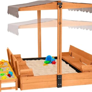 Kids Sand Boxes with Lid, Kids Outdoor Play Large Sandbox with Covers Foldable Bench Seats and Toy Bin Storage, Upgrade Retracta