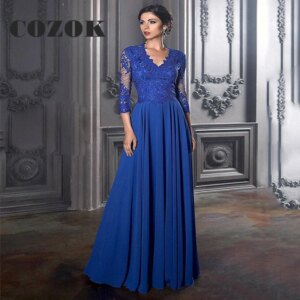 Exquisite Royer Blue Mother Of The Bride Dress Modern Long Sleeves Lace Chiffon A Line Wedding Guest Gown فساتين حفلاCustom BW19
