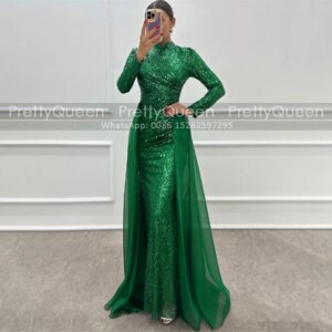 Customized Sequins Mother of the Bride Dresses With Long Sleeves Pleat Mermaid Overskirt High Neck Wedding Party Dress