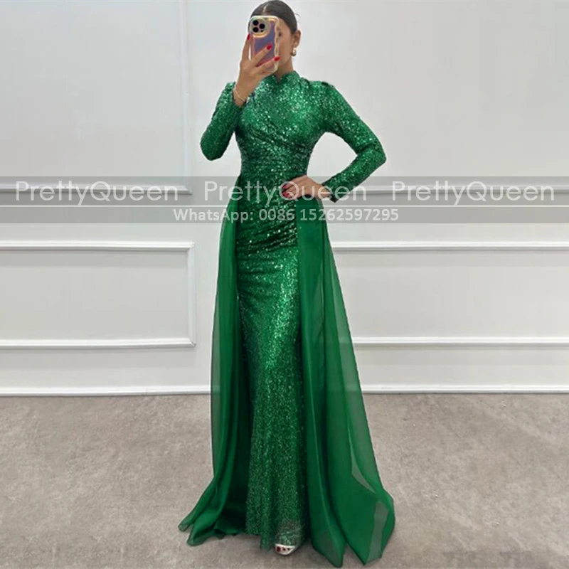 Customized Sequins Mother of the Bride Dresses With Long Sleeves Pleat Mermaid Overskirt High Neck Wedding Party Dress