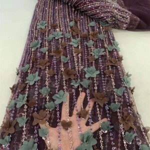 Brown Latest African Lace Fabric 2024 High Quality Embroidery 3d French Nigerian Lace Fabric 5 Yards For Women Party DressW189-1