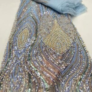 African Beads Lace Fabric 2025 Beaded Lace Fabric France Sequins Nigerian Embroidery Bridal Mesh Lace Fabric For Women Sewing