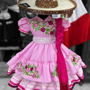 Pink Mexican Flower Girls Dress With Flower Embroidery 2025 Mariachi Escaramuza Girls Pageant Dress Holy Communion Customized