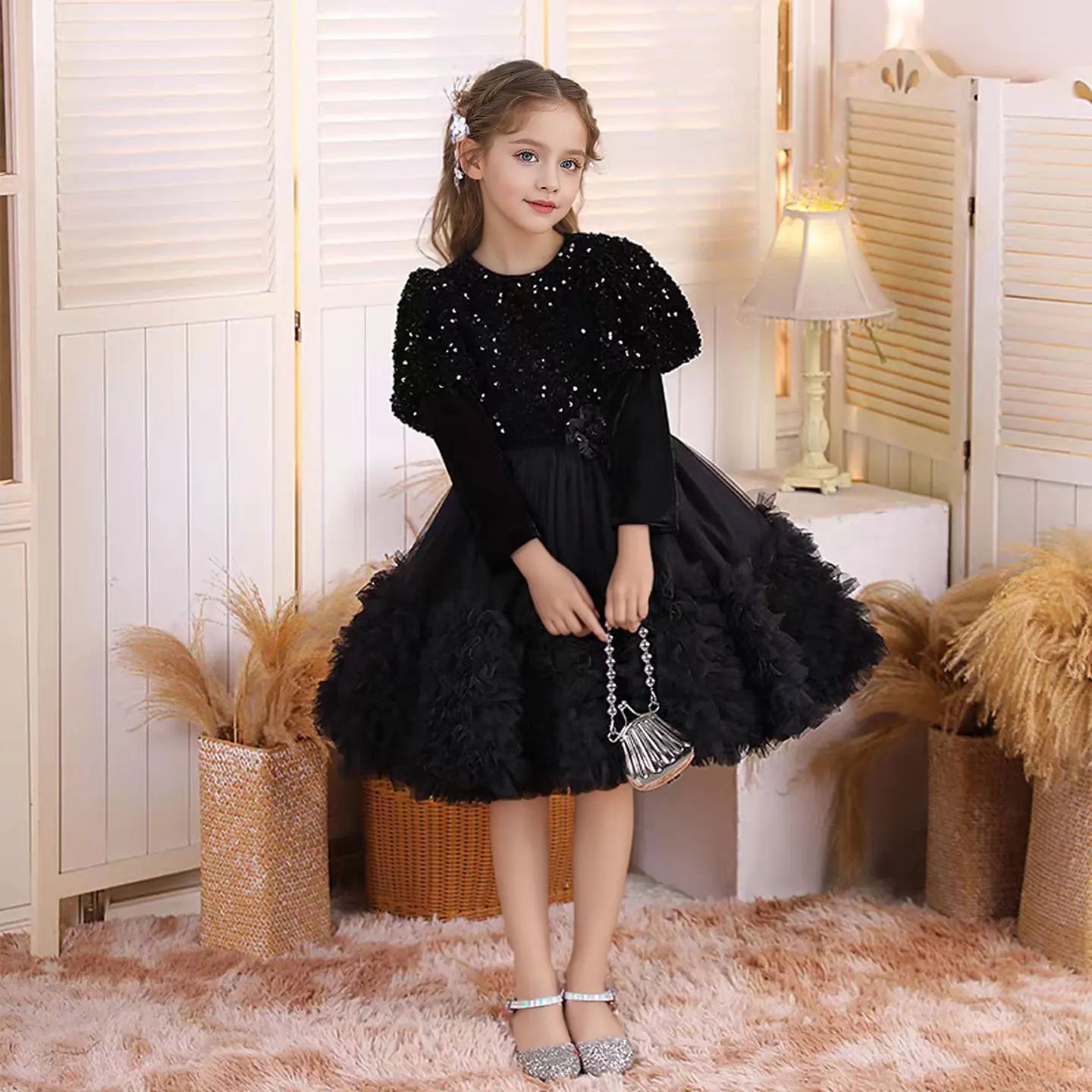 Dreamy Vow Elegant Black Burgundy Baby Girl Dress Long Sleeves Sequined Tulle Ruffled with Train Princess Party Ball Gown J406