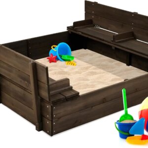 Kids’ Outdoor Wooden Sandbox Large, Cedar Wood with Foldable Bench Seats and Sand Protection, Bottom Liner Included – Espresso