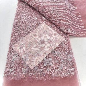 Pink Sequins Lace Fabric 5 Yards Party Bridal Dubai Handmade Crystal Beads New High Quality Luxury African Beaded Tulle Sequence
