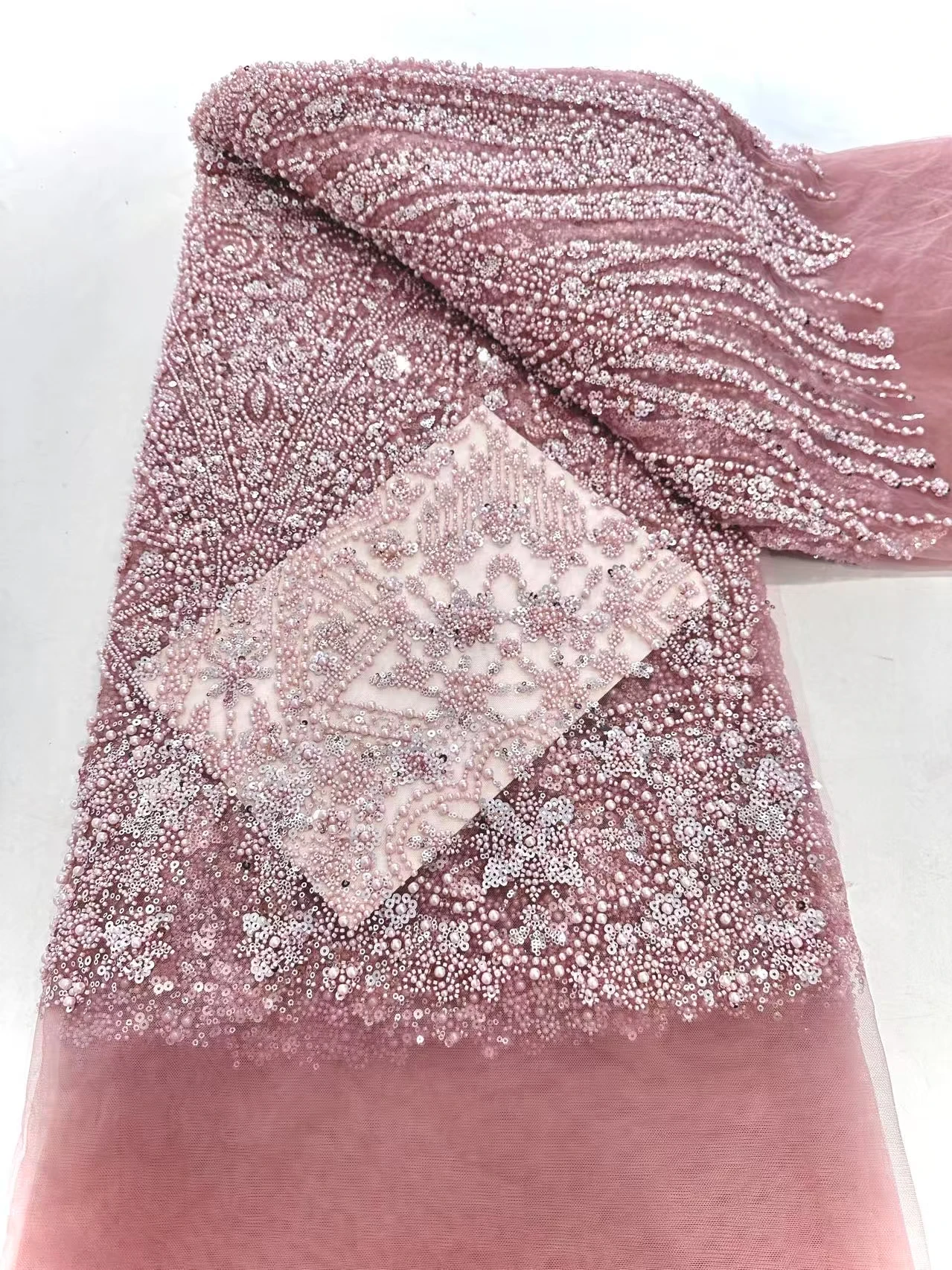 Pink Sequins Lace Fabric 5 Yards Party Bridal Dubai Handmade Crystal Beads New High Quality Luxury African Beaded Tulle Sequence