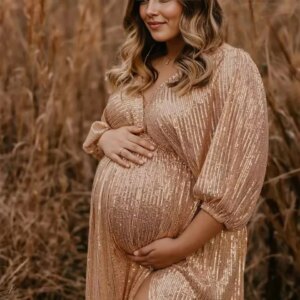 Gold Sequin Maternity Photoshoot Dress Long Flowing Dress for Photo Session Glamour Pregnancy Gown Baby Shower Dress
