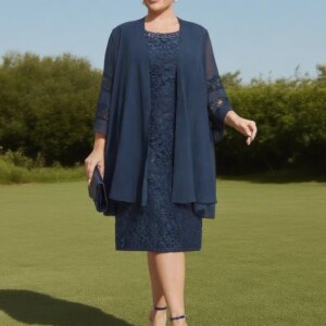 Knee Length Wedding Party Dresses with Lace New Full Sleeve Robe De Scoop Plus Size Mother of Bride Dresses for Women