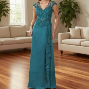 Mother of the Bride Dresses with Beaded V Neck Floor Length Chiffon mother Formal Evening Gowns blue Lace Customized