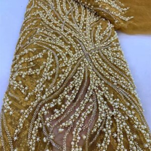 Luxury Heavy Hand Beaded Lace Fabric Bridal Fabric High-end Wedding Fabrics French Nigerian Sequins Embroidered on Tulle 5 Yards