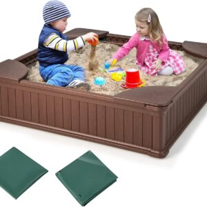 Kids Sandbox with Cover, 4ft x 4ft Sandpit with Oxford Cover, Bottom Liner, 4 Corner Seats, Weather Resistant Outdoor Sand