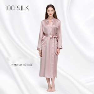 100% Mulberry Silk Long Robe Women’s Luxury Silk Sleepwear Bath Robe Heavy Silk 19 Momme Dressing Gown Pajamas