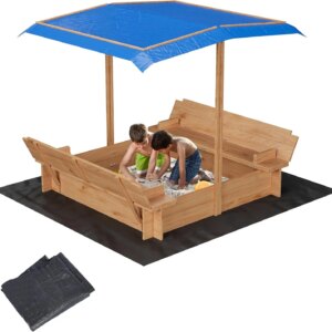 Wooden Sandbox with Lid&Cover, Outdoor Sand Box with 2 Bench Seats, Bottom Liner, Adjustable Height & Rotatable Canopy for Ages