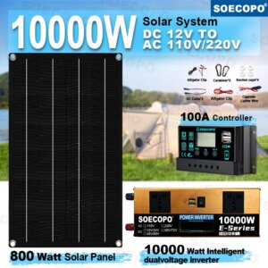 10000W Complete Solar Kit with 800W Panel & Dual Inverter 12V/24V to 110V/220V – 100A Controller for Home/Camping/Backup Power