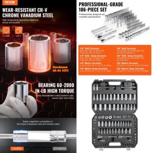 VEVOR Socket Set 1 4″ and 3 8″ Drive Socket and Ratchet Set 6Point Socket Opening 106 Pcs Tool Set SAE and Metric Deep and Stan