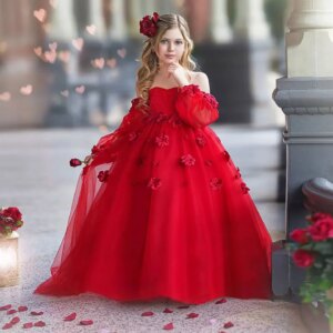 Jill Wish Elegant 3D Flowers Red Girl Dress Long Sleeve Arabic Princess Wedding Birthday Party Ball Gowns vestidos de novia J274