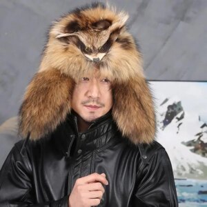 Men’s fox fur Lei Feng hat real Raccoon fur caps warm cotton hat for middle-aged and elderly raccoon fashion warm winter