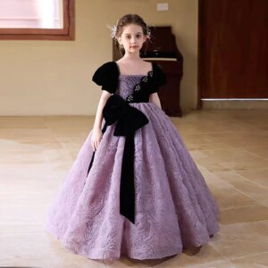 Dreamy Vow Purple Charming O-Neck Bow Ribbon Flower Girl Dress Evening Festival Celebration Wedding Ankle-Length Ball Gown D325