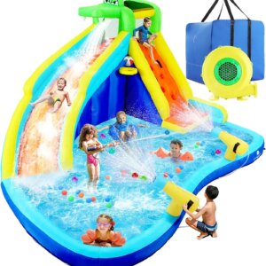 Inflatable Water Slide Park for Kids Backyard 8-in-1 Blow Up Crocodile Spray Slide with 450W Blower, Splash Pool, Climbing Wall,