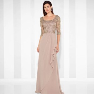 A-Line Chiffon Mother of the Bride Dresses Half Sleeves Pleats Floor Length Scoop Lace Applique Women’s Custom Dress for Wedding
