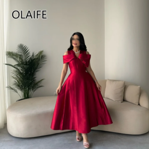 vestidos de festa V-neck Satin Tea-Length A-line Evening Prom Dres with Bow Evening Arab Gown for Women Customized