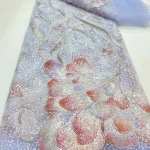 Blue Sequins Tulle Lace Fabrics African Fabric Lace High Quality 2025 Beaded French Mesh Lace Fabrics For Wedding Sewing KB4888