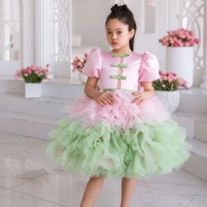 Dreamy Vow Stunning Pink Green Girl Dress Short Sleeve Tulle Ruffled for Kids Party Spring Summer Knee Length Ball Gown J155