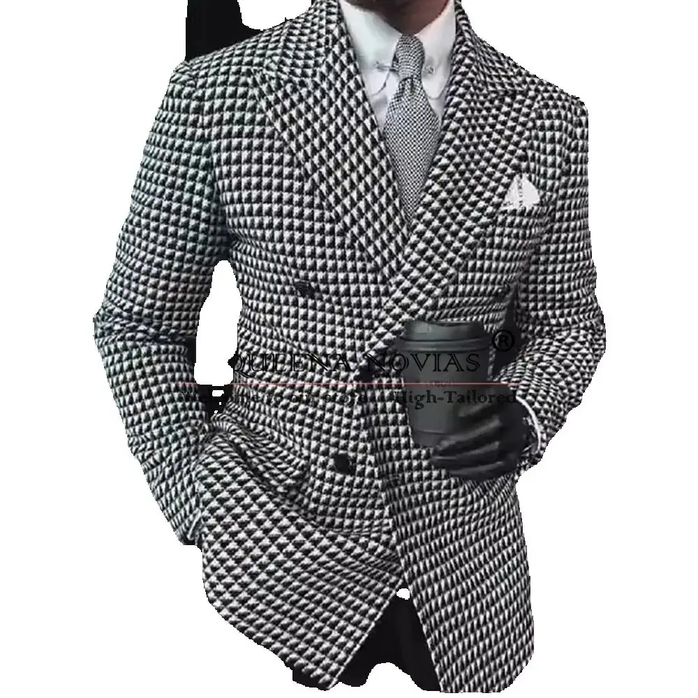 Customized Houndstooth Suits Doubel Breasted Prom Blazers Man Formal Party Groom Wear Wedding Tuxedos 2 Pieces Costume Homme