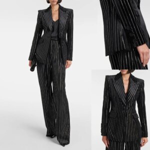 Sparkle Striped Office Lady Women Pants Suits 2 Pieces Slim Fit Customized Classic Business Suits Peak Lapel Pocket Jacket