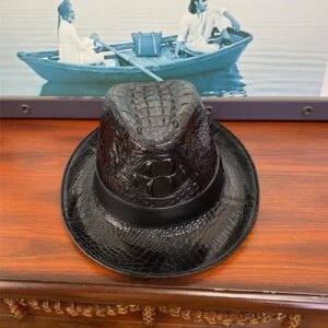 Crocodile Leather Skull Men’s Casual Hat Versatile Back Bone Leather Top Hat Fashion Trend Black Genuine Leather Sunshade Hat 45