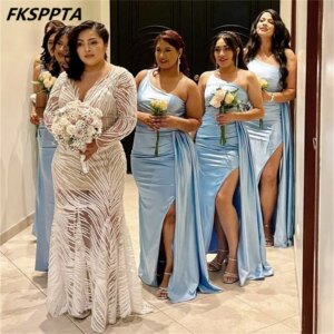 Lovely Baby Blue Long 2024 Bridesmaid Dresses Custom Made Side Split Mermaid Satin Shiny Maids Of Honor Gowns Custom Made