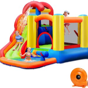 Inflatable Water Slide With 740w Blower, 6 in 1 Toddler Giant Blow Up Bouncy Water Park w/Splash Pool, Water Bounce House