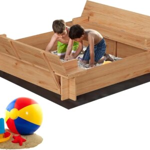 Wooden Sandbox with Cover, Outdoor Sand Box with 2 Bench Seats, Bottom Liner for Ages 3-8, Spacious Kids Sand Pit for Beach Pati