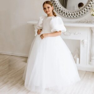 White Pearls With Bow Short Sleeve For Wedding Birthday Party Holy Communion Banquet Princess Gown Customized Flower Girl Dress